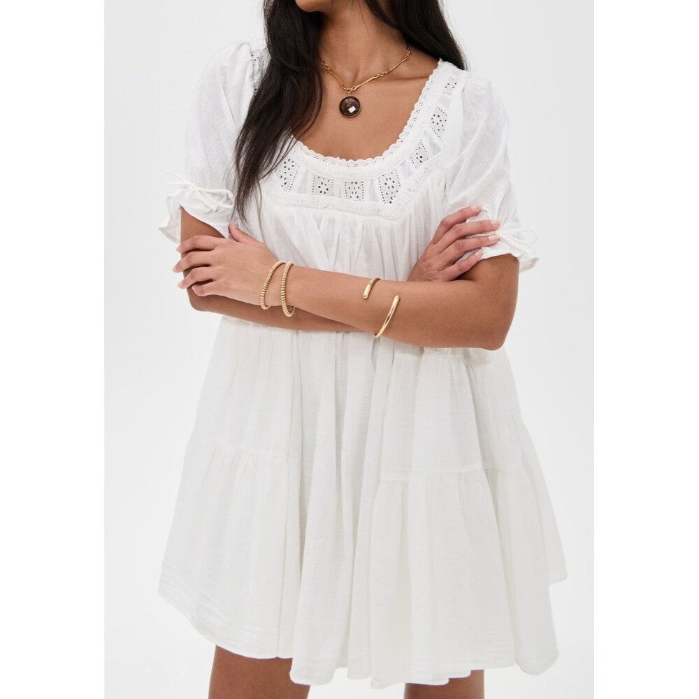 Free People Sandy Shores Babydoll Mini Dress Eyelet Puff Sleeve Solid XS 287320 - Picture 1 of 10